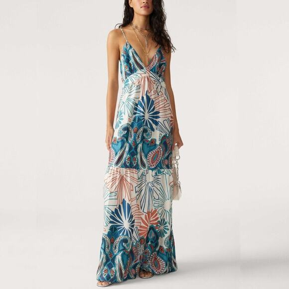 ba&sh Joyce Turquoise Boho Print Strappy Maxi Dress Size L - Picture 1 of 9